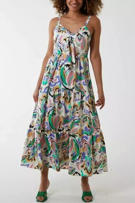 LADIES QED LONDON ABSTRACT PASTLE PRINT TIERED MAXI DRESS SIZE 14 (REF 754)
