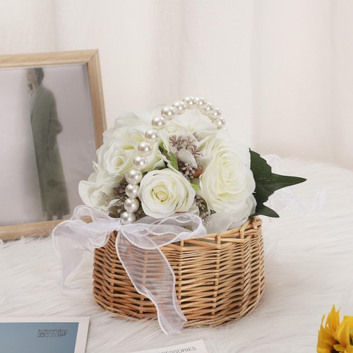 Wicker Rattan Flower Girl Basket Wedding Flower Girl Basket with Pearl Handle - Picture 6 of 14