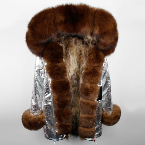 Women Real Fox Fur Collar Raccoon Fur Lined Coat Winter Parka Jacket Outwear New - Picture 29 of 38