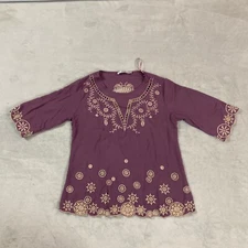 Solitaire by RAVI KHOSLA Women Embroidered 3/4 Sleeve Tunic Blouse Purple Small