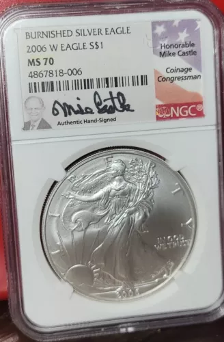 2006 W Silver Eagle Burnished MS70 NGC Castle Flag Label