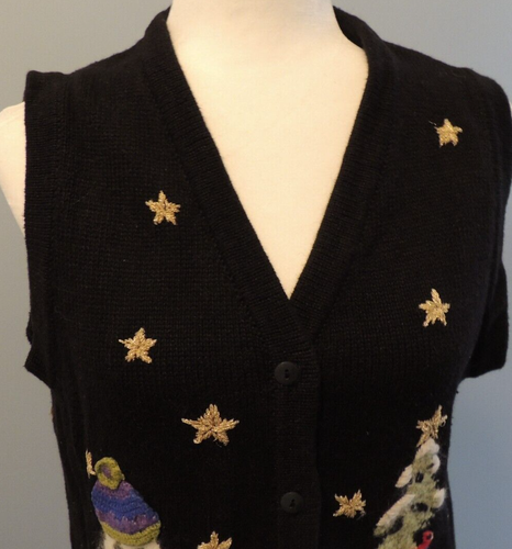 Quacker Factory Christmas Snowman Sweater Vest Womens Sz Med Black House Trees - Picture 5 of 13