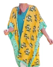 MATILDA JANE XS/S Kimono Cardigan What a Catch Floral Print Boho Yellow Aqua New