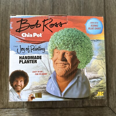 Chia Pet Bob Ross w/ Iconic Blue Shirt Brand New  Handmade Planter  Joy Of Paint