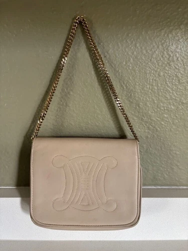 CELINE Vintage Triomphe Diagonal Shoulder Bag Ivory Leather With Gold Chain