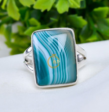 Green Banded Agate Ring 925 Sterling Silver Handmade Statement Boho Ring Jewelry