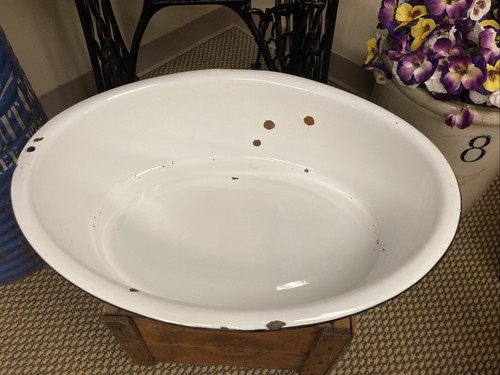 Large Enamel Ware Tub Basin Oval Wash Bowl 25” White Black Baby Bath Farmhouse - Picture 5 of 22