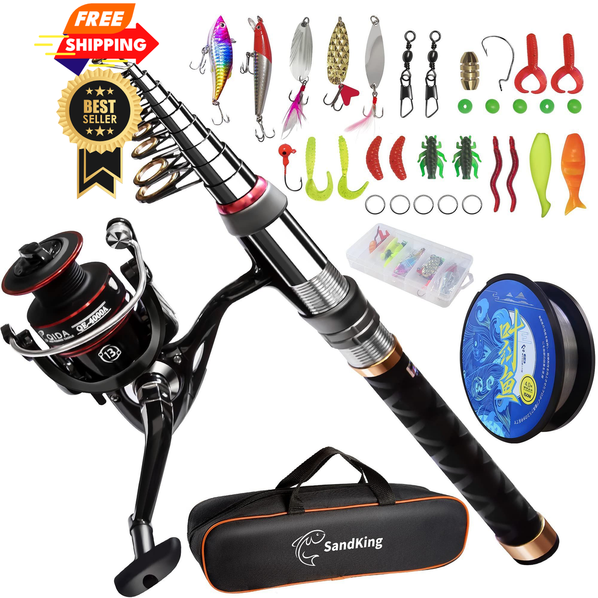 Fishing Pole Kit, Carbon Fiber Telescopic Rod and 6.89FT/2.1M, Black