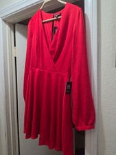 Express Small Solid Red Fit & Flare Dress VNeck 3/4 Sleeve Short Zipper -NWT