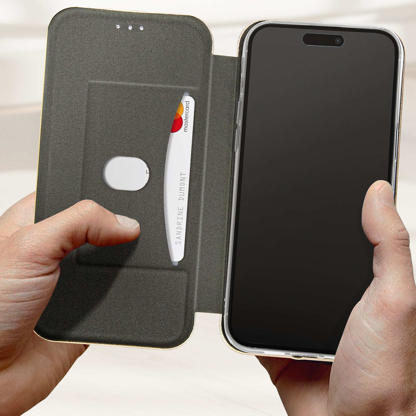 Coque iPhone 14 Pro Max Compartiment Carte Support Vidéo Design Or - 3
