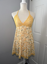 Fairycore Coquette Yellow Floral Lace Babydoll Adjustable Straps Sleeveless L