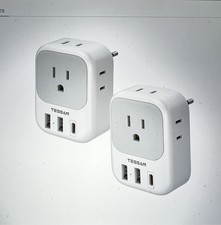 TESSAN 2 Pack European Travel Plug Adapter, 4 Outlets 3 USB 1 USB C PD 20W ,