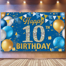 10Th Birthday Decorations Backdrop Banner, Happy 10Th Birthday Decoration for Bo