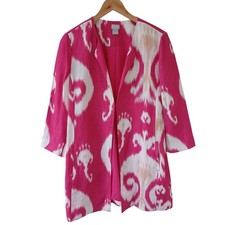 Chicos Pink Ikat Print Lyocell Linen Blend Open Front Topper Jacket Size 1 8/10