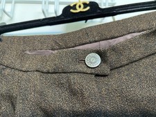 CHANEL RUNWAY UNIQUE CC BUTTON CLASSIC WORK DRESSY BROWN TWEED WOOL PANTS W28-30