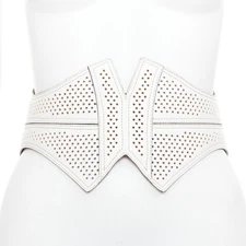 ALAIA white leather punctured perforated cinched waist wide belt 65cm
