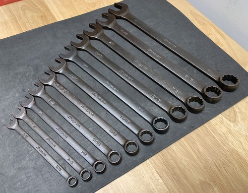 Snap On 11pc Flank Drive SAE Black Combination Wrench Set Standard 3/8”- 1”
