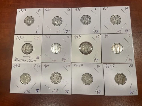 12 Mercury Silver Dimes (G-XF)-1927,'34,'35,36,'37,'38,'39,'40,'40S,'41,41D,'41S