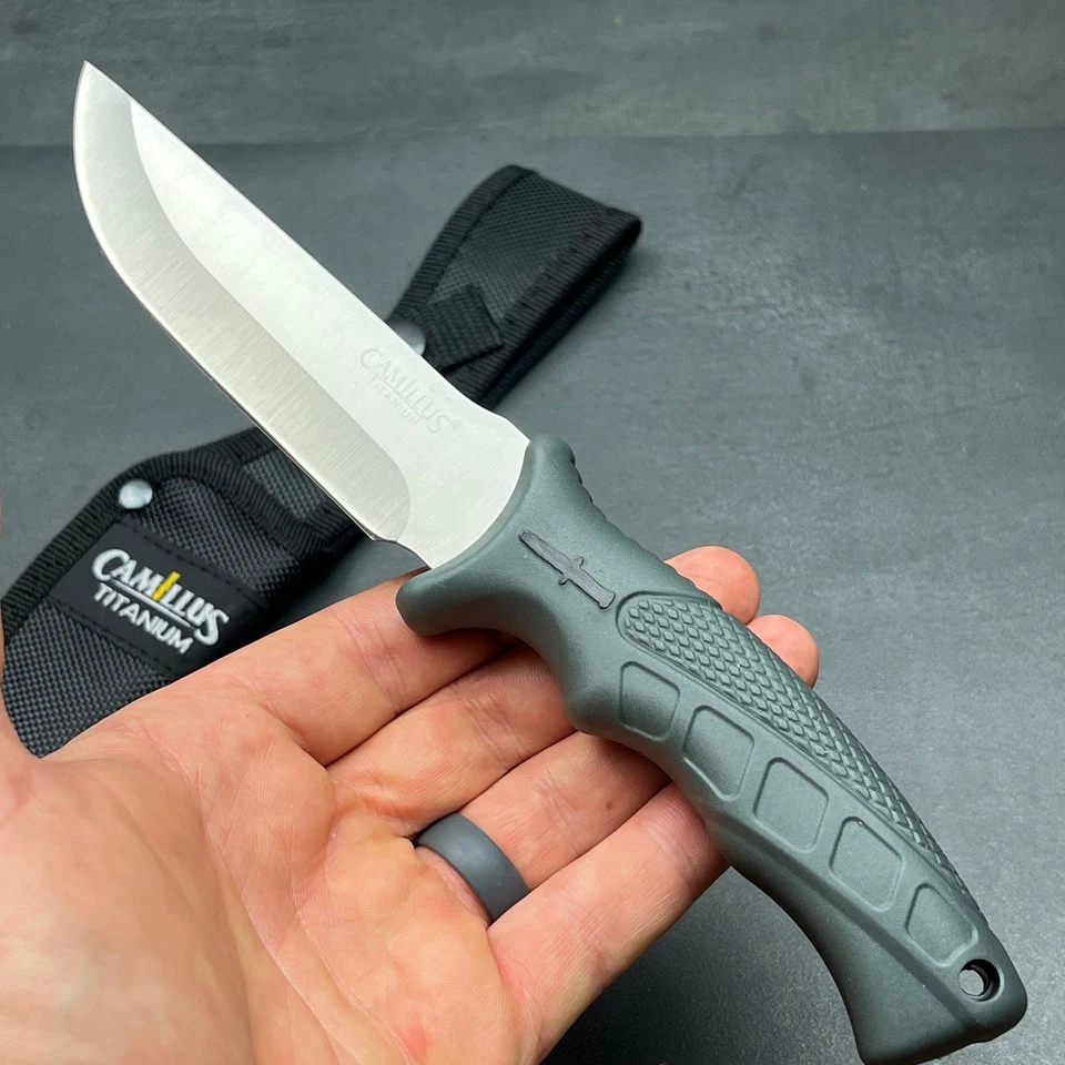 Cuchillo de caza Camillus grande de titanio de hoja fija Full Tang con funda de goma Foto 3 de 4