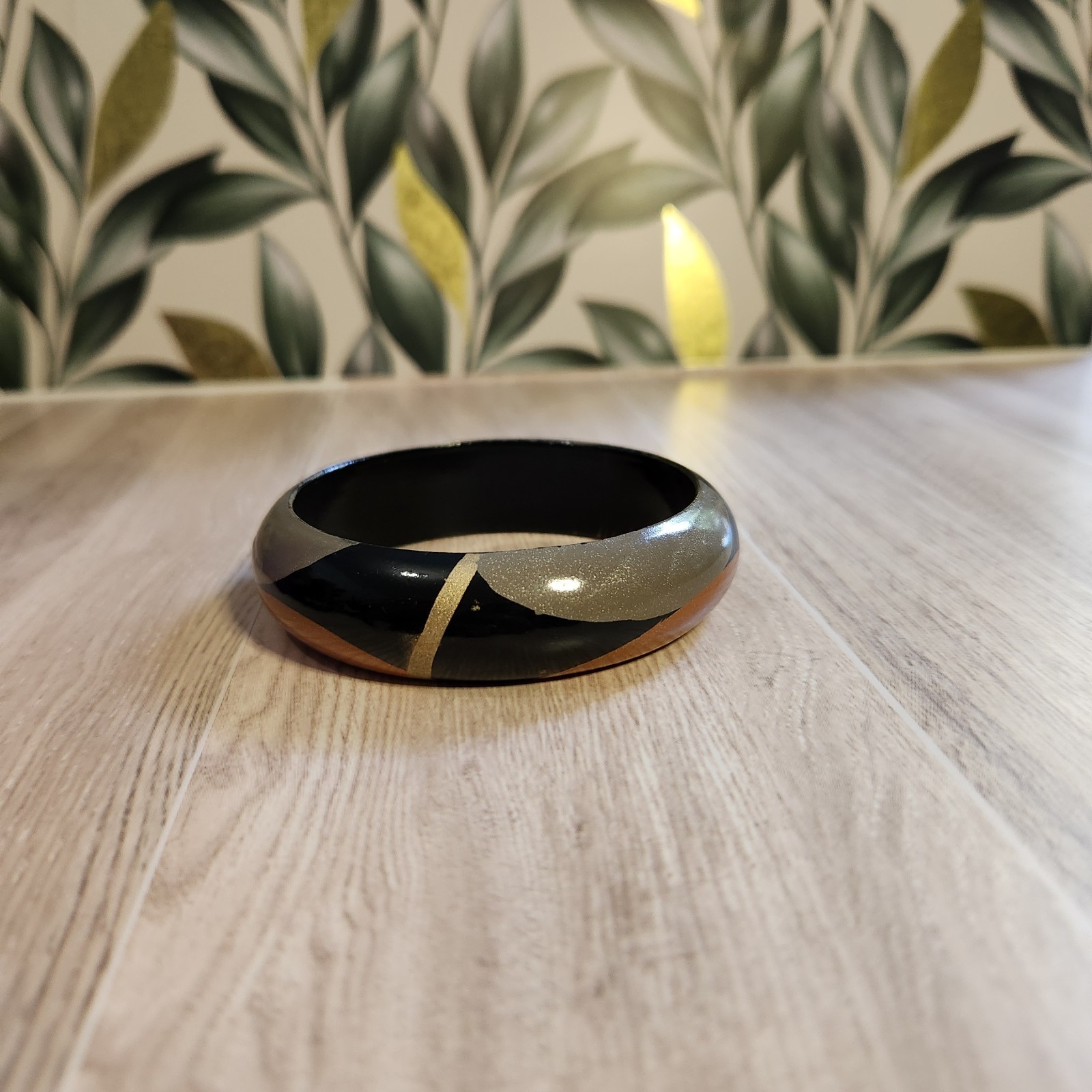 Black Gold Geometric Enamel Wooden Bangle Bracelet - Copper Art Design