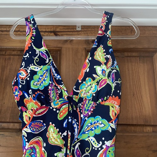 NWT Anne Cole Swimsuit One piece Sz 12 Navy Paisley Tassels - Picture 6 of 11
