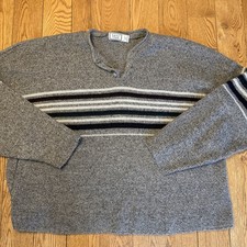 Vintage Bugle Boy Mens 2XL Gray Striped 1/4 Snap Pullover Sweater Made In USA
