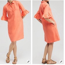 Chicos Linen Orange Fluted Sleeve Shift Dress Sz 8 Pockets Collared Minimalist