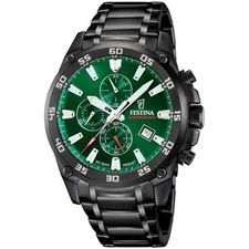 Festina Chronograph F20735/2 Green Dial Black PVD Steel Date Men's Watch