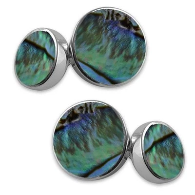 Boutons de Manchette Ronds en Argent 925/1000 et Coquille d'Huître - A Chaînette - Photo 1/2