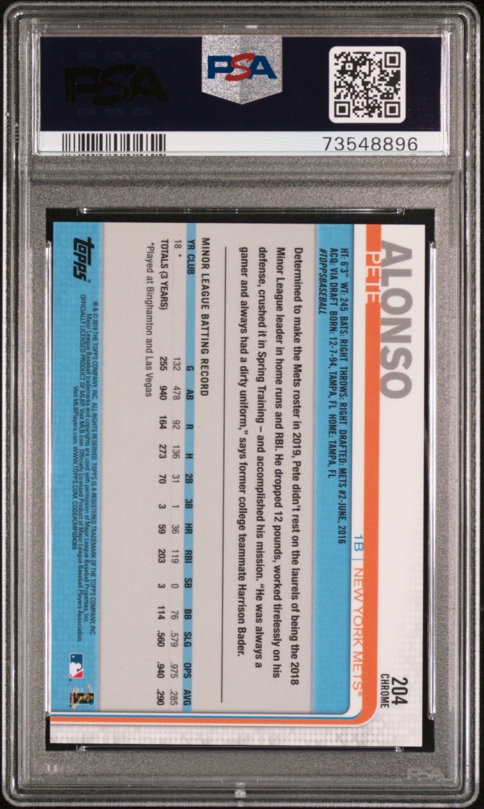 PETE ALONSO 2019 TOPPS CHROME #204 RC ROOKIE NEGATIVE REFRACTOR PSA 10 view 2