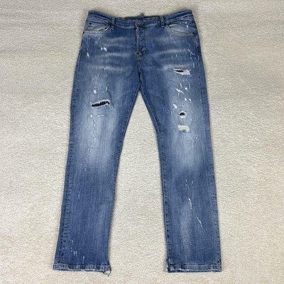 Dsquared2 Jeans Mens 38x32 Blue Slim Button Fly Denim Distressed Made Italy