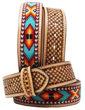34 Western 2" Wide Basket Tooled Beaded Inlay Genuine Leather Belt 26RT22U2
