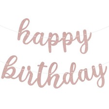 Rose Gold Glitter Happy Birthday Banner Sign Wall Door Banners for Women Men ...