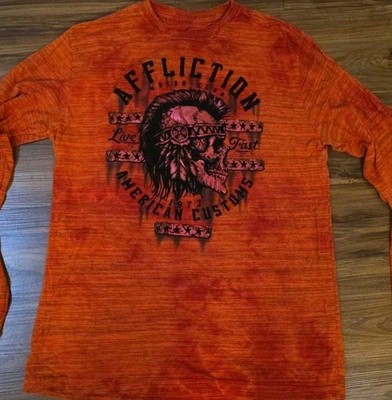 Affliction Large Acid Wash Skull American Customs Live Fast Red Longsleeve Shirt