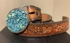 Brown Tooled Leather Belt Removeable Turquoise Chip Belt Buckle 38" Long EUC