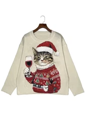 Funny Cat Christmas Sweater Jumper Santa Hat Wine Glass Ugly Knit S-5XL
