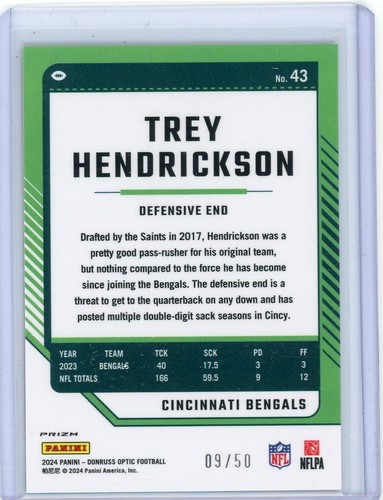 2024 Donruss Optic Trey Hendrickson #09/50 Lime Green Prizm Bengals - Picture 2 of 2