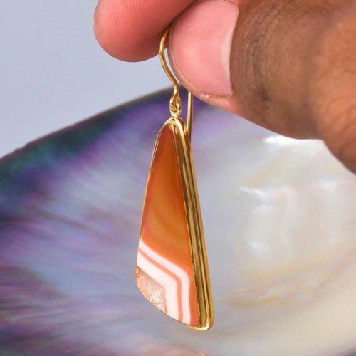 Earrings Banded Agate Cabochon & 18K Gold Vermeil over Sterling Silver 9.01 g - Picture 8 of 12