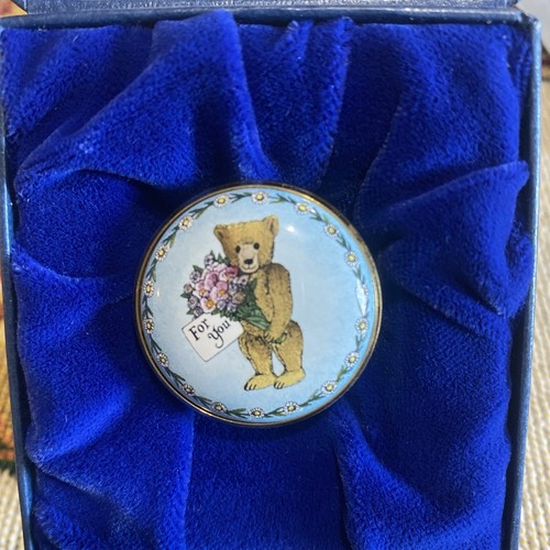 VTG Halcyon Days Round Box - Teddy Bear, Blue, Gold - "For You" 1.25"W 15/4489 - Picture 2 of 6