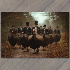 Art Print  Top-Hatted Riders on Turkeys Vintage Woodland Path Theme Quirky Funny
