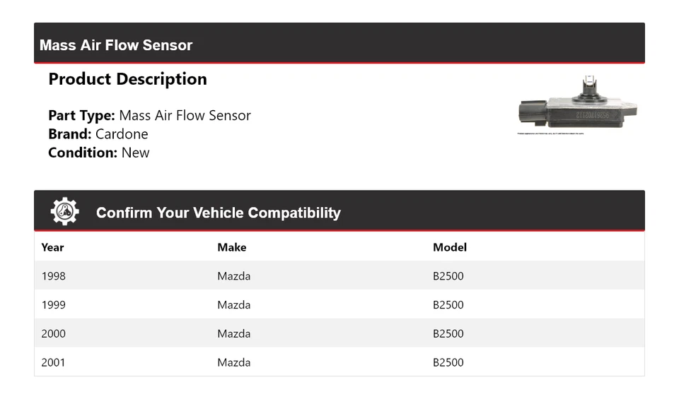 Sensor de flujo de aire masivo Cardone 1999 2000 para Mazda B2500 1998-2001 Foto 2 de 4