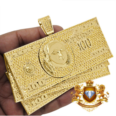 Canary Gold Tone Mens Huge XL Jumbo $100 Bills Stacks Money Cash Pendent Charm