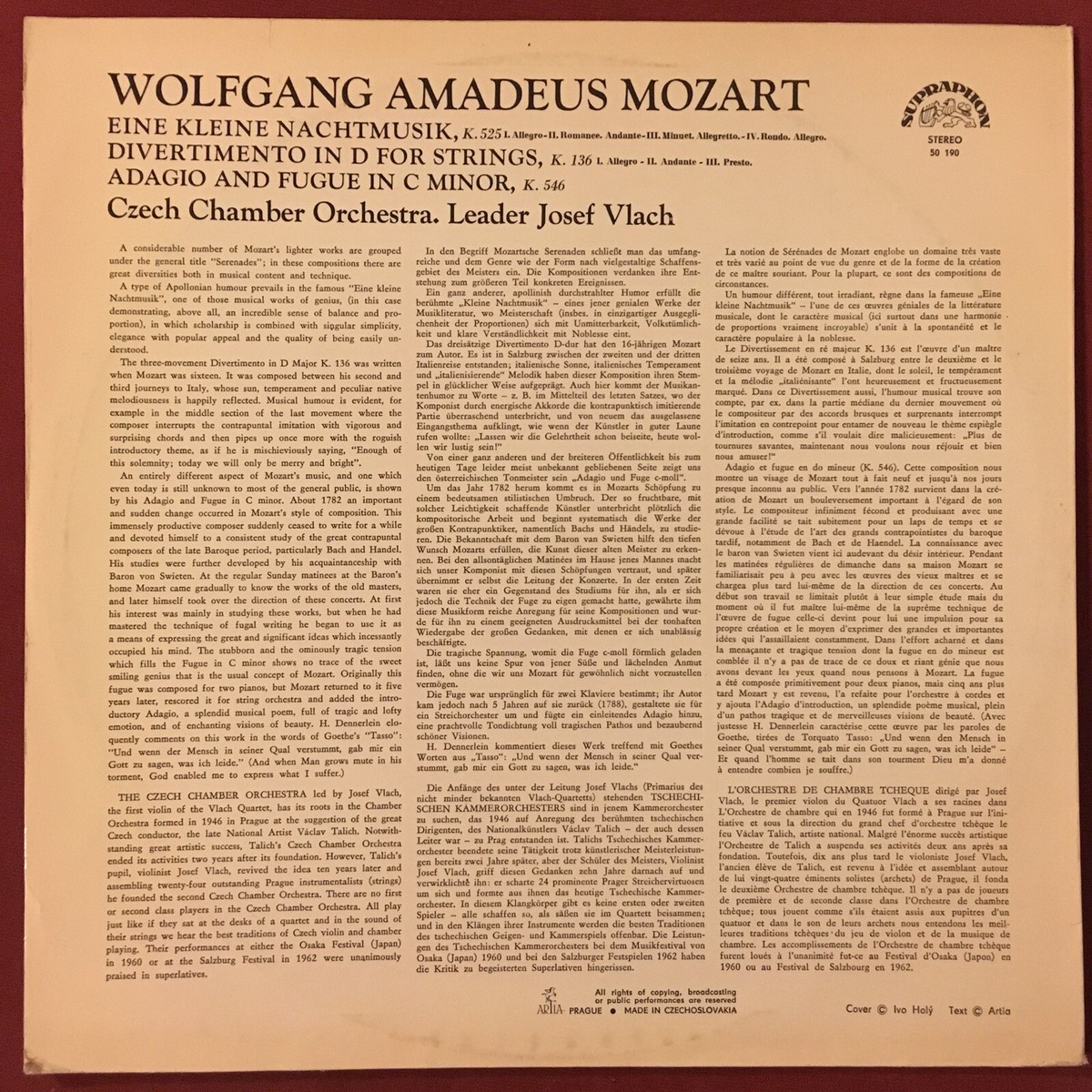 JOSEF VLACH - MOZART Eine Kleine Nachtmusik Divertimento SUPRAPHON