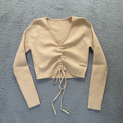 Womens Crop Shirt Medium Khaki Drawstring Scrunched Ribbed Knit Long Sleeve
