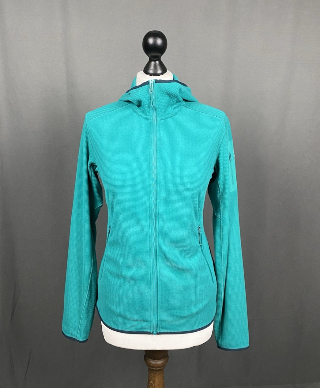 Come nuovo! Maglione Arc'Teryx Polartec blu turchese in pile con cappuccio e zip intera taglia M