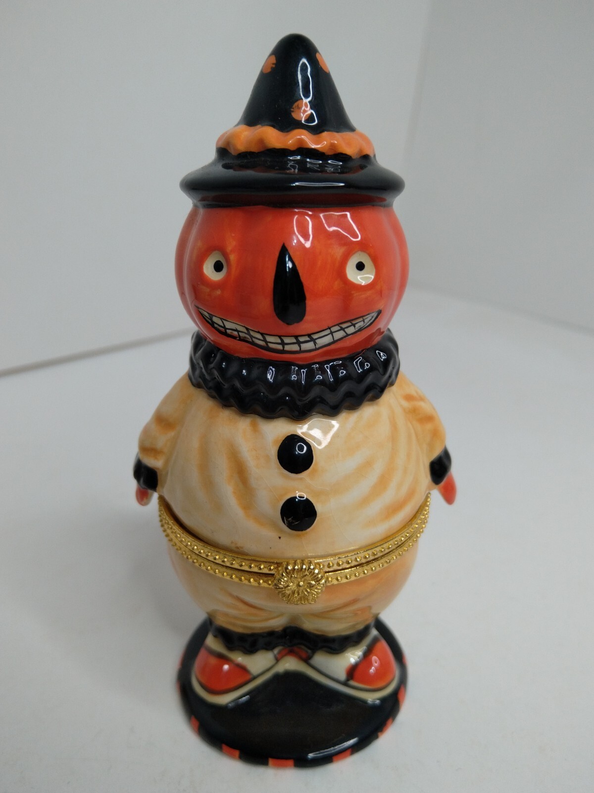 Nice Vintage Ceramic Halloween Fall Pumpkin Clown Figurine/Trinket Box 5 inches