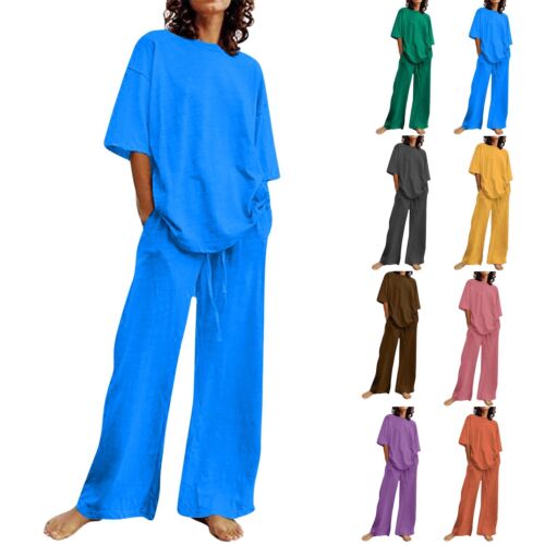 Summer Outfits Women 2 Piece Cotton Linen Oversized T Shirts Straight Leg Pants