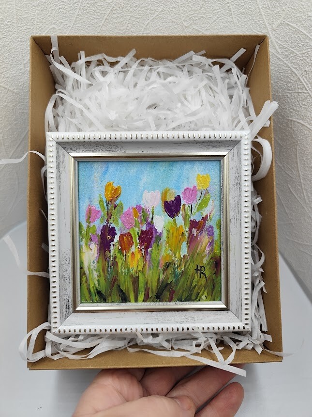 Original Oil Painting 4x4 in Framed Signed Spring Tulips Impasto Art | eBay