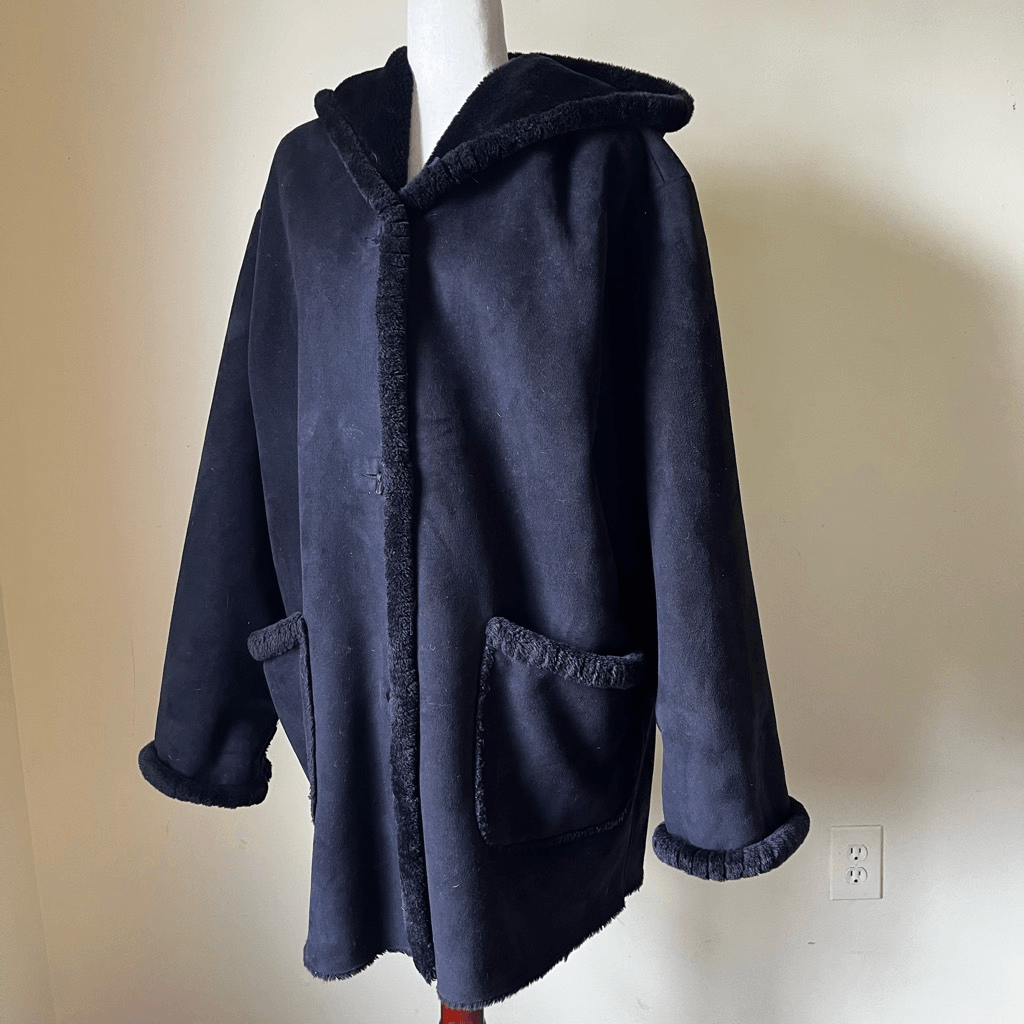 Vintage Y2K Vegan Suede Faux Fur Coat Hooded Button Down Black Oversized XL