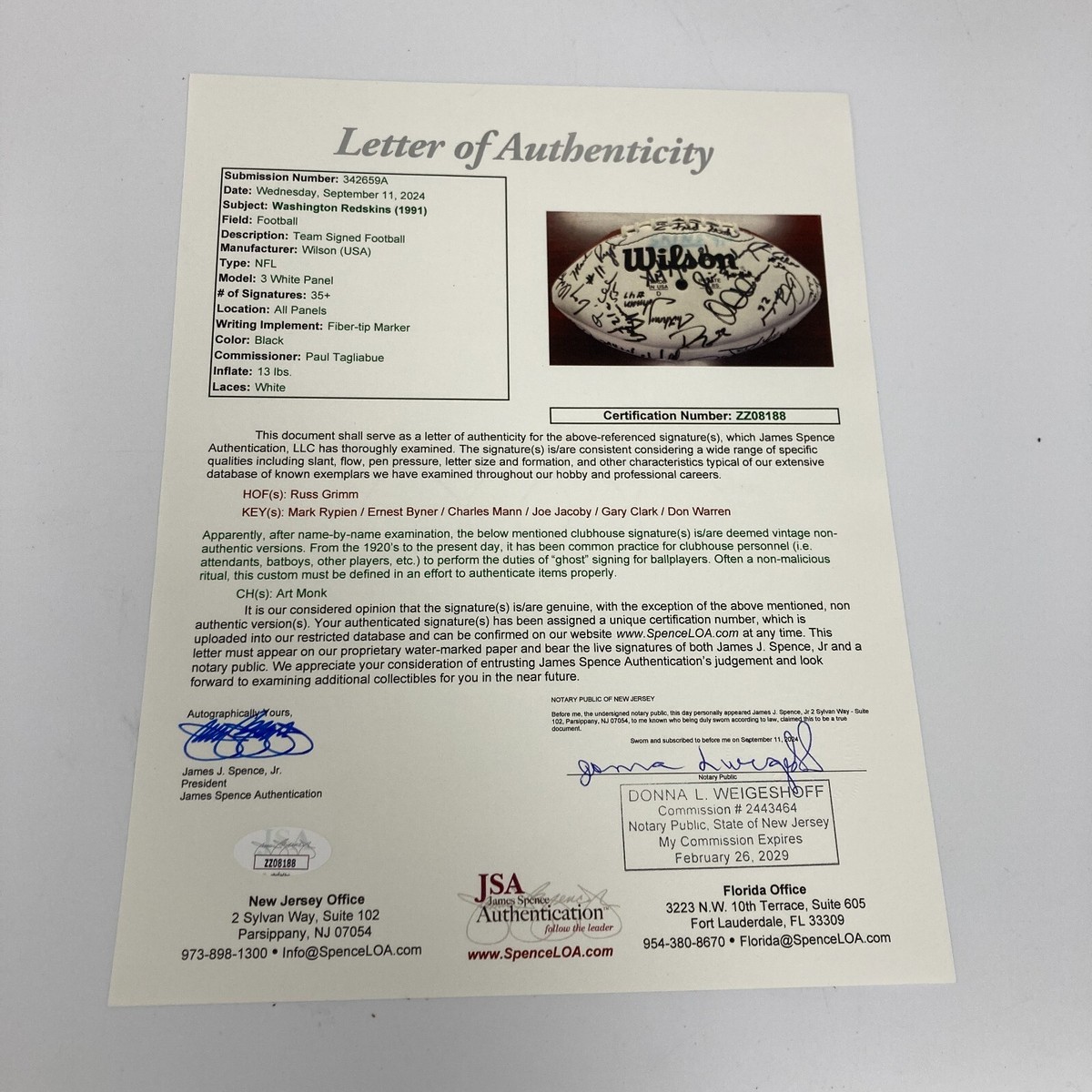 1991 Washington Redskins Super Bowl Champs Team Signed Football